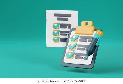 Checklist, clipboard, and pen. Ideal for organizing tasks, managing schedules, and maximizing efficiency in office settings. 3D render illustration - Powered by Shutterstock