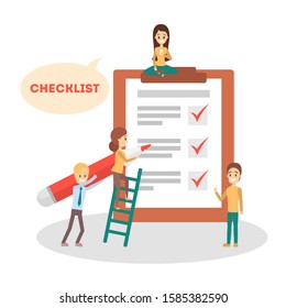 Checklist Concept. People Make Checkmark On Clipboard. Test Or Questionnaire, To Do List. Achievement Sign. Isolated Flat  Illustration