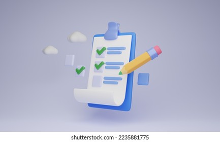 Checklist document with filled check marks and pencil, 3D illustration concept. Clipboard with questionnaire survey form. Task planning and setting goals. To do list completion and. 3D Illustration