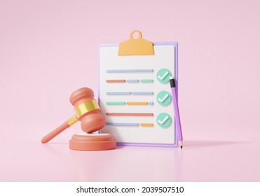 Checklist On A Clipboard Paper. Gavel Verdict Concept. Judge Arbitrate Courthouse. Judgement Hammer. On Pink Background. Illustration 3D Rendering