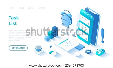 Checklist on smartphone screen. Task manager app. List of purchases, tasks, plans, to do, wish list. Landing page template for web on white background.	
