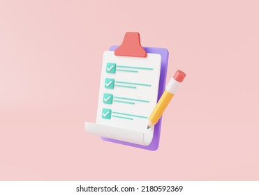 Checklist With Pencil On Pink Background. Fast Checklist, Planning And Organization Of Work, Notepad, Project Plan, Document With Check Marks. 3d Icon Rendering Illustration, Cartoon Minimal Style