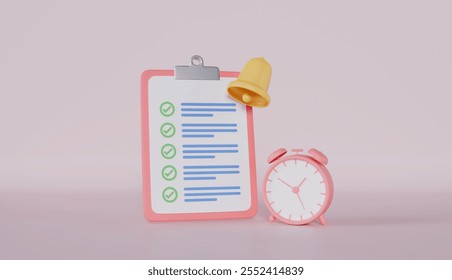 Checkmark choice box task list for business planning, Clipboard with checklist paper, Checkbox correct check mark and alarm clock