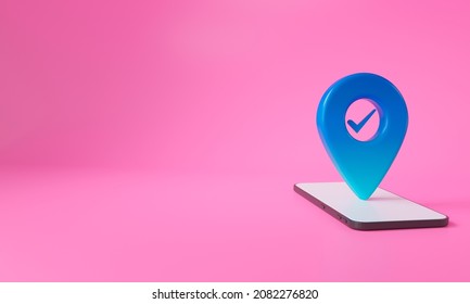 Checkmark Icon. Approvement Concept. Geolocation Map Mark, Point Location. 3d Illustration.