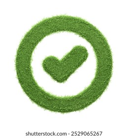Checkmark symbol inside a circle made of green grass, representing eco-friendly concepts, sustainability, and environmental approval. 3D icon, sign and symbol. 3D render illustration