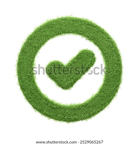 Checkmark symbol inside a circle made of green grass, representing eco-friendly concepts, sustainability, and environmental approval. 3D icon, sign and symbol. 3D render illustration