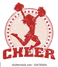 Cheer Design - Vintage Is An Illustration Of A Cheer Design In A Vintage Style With A Cheerleader Silhouette, Circle Of Stars And Sunburst Pattern.