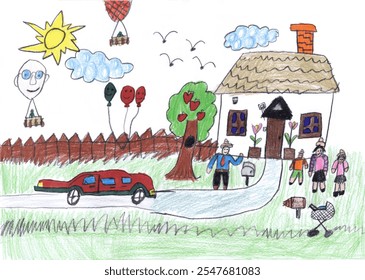 Cheer joy cute small human smile mommy stand play toy game white sky. Color pen paint fun artist style mum enjoy walk grass plant park street road wood fence roof sun air city day retro school dream - Powered by Shutterstock