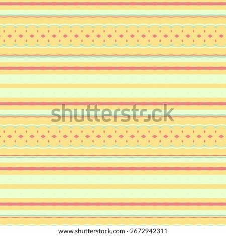 A cheerful abstract pattern with horizontal stripes and geometric shapes in a soft, pastel color palette, creating a playful and decorative design
