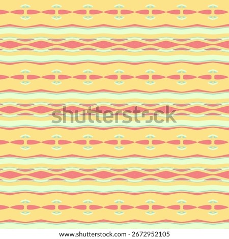 A cheerful abstract pattern with horizontal stripes and geometric shapes in a soft, pastel color palette, creating a playful and decorative design
