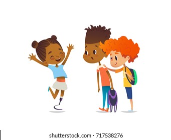 Cheerful amputee girl happily greet her school friends and shows them new artificial leg, two boys are surprised and happy. Welcome back concept. Illustration for website, social advertisement.