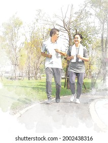 Cheerful Asian Housewife And Husband Jogging Run Together In Outdoor Garden. Abstract Digital Painting Of Happy Middle Aged Couple Exercising In Beautiful Green Park. Family Leisure Recreation Concept