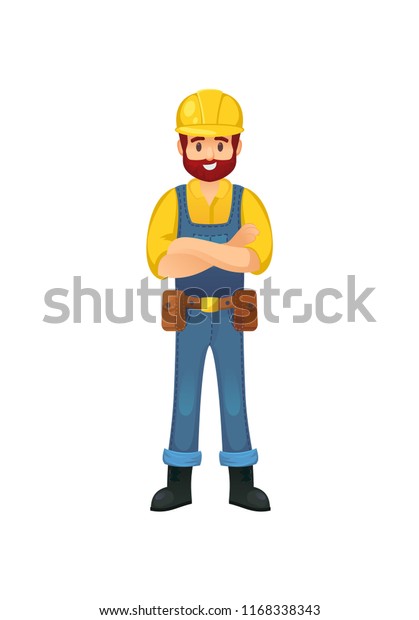 Cheerful Bearded Builder Man Hardhat Arms Stock Illustration