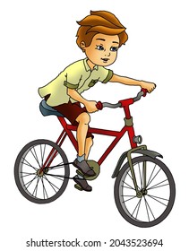 Cheerful Boy In Green Shirt, Blond Hair, Riding Red Bike