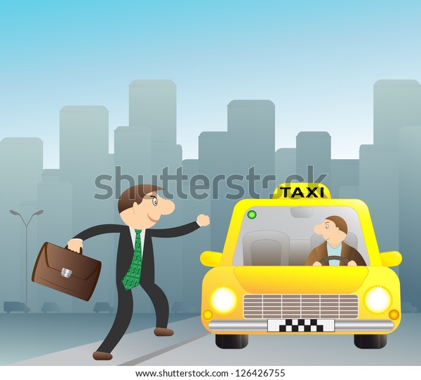 Cheerful businessman stops\
free taxi