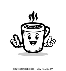 Cheerful cartoon coffee cup character with steam rising, waving and inviting, perfect for beverage branding or morning motivation - Powered by Shutterstock