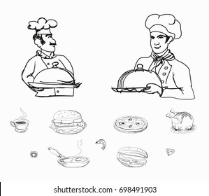 Cheerful chef serving dishes