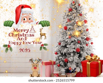 A Cheerful Christmas Card illustration, depicting Santa, a Christmas tree, deer and wrapped gifts. - Powered by Shutterstock