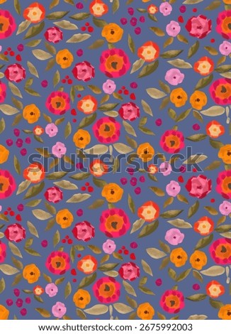 A cheerful and colorful seamless pattern featuring hand-painted gouache flowers and leaves in shades of pink, orange, and red. The vibrant floral motifs are set against a subtle blue-gray background, 