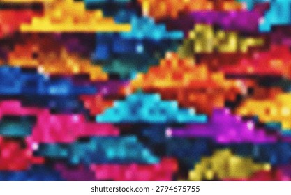 A cheerful and complex abstract artwork composed of brightly colored, pixelated shapes that interlock seamlessly, creating a vibrant and engaging geometric pattern.
