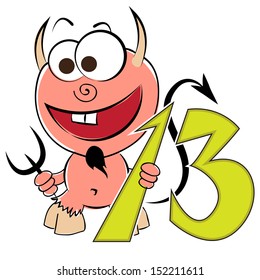Cheerful devil with the number thirteen on a white background