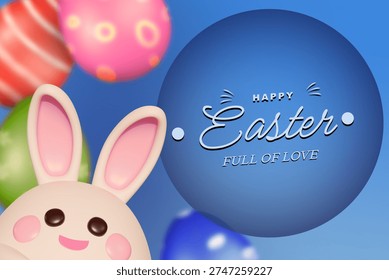 A cheerful Easter illustrative design featuring a cute bunny and colorful painted eggs on a light background. Suitable for greeting cards, posters, packaging, social media, and seasonal promotional materials. The set includes raster and vector files, as well as a version with a transparent background.