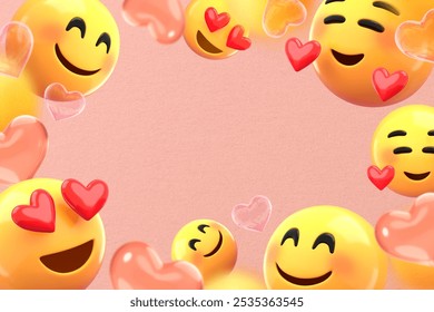 Cheerful emojis with heart eyes and smile on a pink background. Heart emojis and smiling faces create a joyful, loving atmosphere. Happy, heart-filled emojis. Heart eye emoticon frame, love background - Powered by Shutterstock