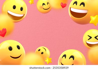 Cheerful emojis with smiles, hearts, and stars on a pink background. Smiling faces and emojis create a joyful, happy vibe. Bright, happy emojis everywhere. Cheerful emoticon border frame background. - Powered by Shutterstock