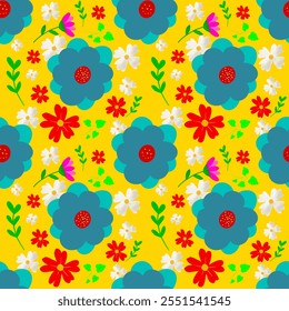 A cheerful floral design featuring large blue flowers with red centers, surrounded by smaller white, red, and pink flowers. - Powered by Shutterstock