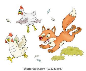 A Cheerful Fox Chases Chickens In The Chicken Coop