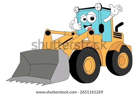 A cheerful and friendly cartoon front loader, or wheel loader, character with a big smile and expressive eyes, giving a thumbs-up. This fun and vibrant illustration is perfect for children's books.