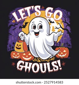 A cheerful ghost waving hand surrounded by carved pumpkins and Halloween decorations, under a spooky moonlit sky with bats and the phrase 'Let's Go Ghouls!' on top. - Powered by Shutterstock