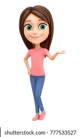 Cheerful little girl in jeans hand points to an empty space. 3d rendering.