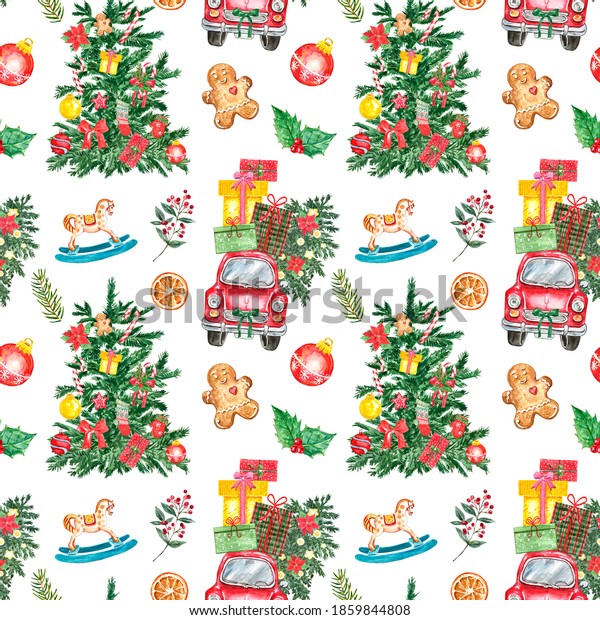 Cheerful Merry\
Christmas and Happy New Year seamless pattern with watercolor red\
car, holiday fir tree, gingerbread men, gifts and ornaments on\
white background. Winter festive\
print.