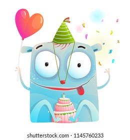 Cheerful Monster Party with Birthday Cake. Little creature congratulation and best wishes. Raster variant. - Powered by Shutterstock