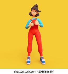 Cheerful mood of kawaii casual brunette girl in glasses wearing red apron, blue t-shirt showing thumb up, positive hand gesture, good job, respect. Minimal stylized art. 3d render on yellow backdrop