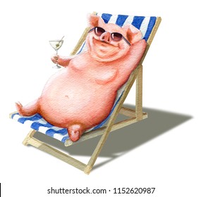 Cheerful pig with a glass in a chaise longue. Hand drawn watercolor - Powered by Shutterstock