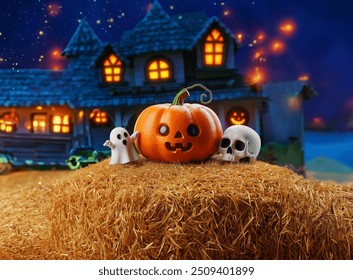 A cheerful pumpkin with a friendly ghost and skull sits on a haystack, set against a spooky, glowing haunted house under a starry Halloween night. - Powered by Shutterstock