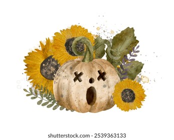 A cheerful pumpkin is surrounded by bright sunflowers, perfect for Halloween and autumn decorations. Isolated composition on white background for various design and printing. - Powered by Shutterstock