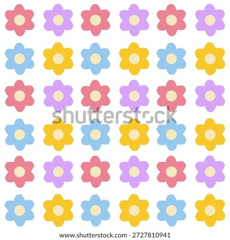 A cheerful repeating pattern of simple pink, purple, blue, and yellow flowers on a white background.