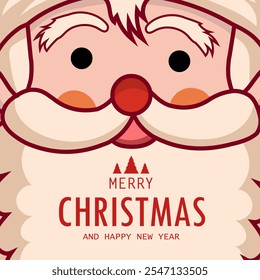 A cheerful Santa Claus face in a close-up cartoon style. The design features bold red and cream tones, simple lines, and a festive "Merry Christmas and Happy New Year" greeting. - Powered by Shutterstock