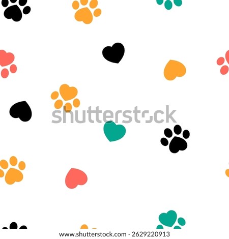 Cheerful seamless pattern featuring black, orange, teal paw prints and coral, black, teal heart shapes on a clean white background.