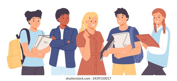 Cheerful smiling diverse schoolchildren standing posing in classroom holding notebooks and backpacks looking at camera. Hand drawn style design illustrations - Powered by Shutterstock