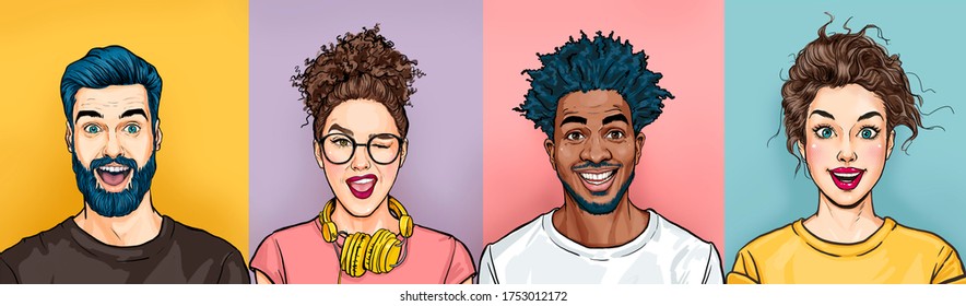 Cheerful smiling people has excited expression, dresssed casually, celebrates  something. Amazed  happy men and women. Portrait of diverse mixed race human being in good mood.