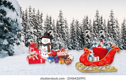 A cheerful snowman with colorful gifts and a festive red sleigh set in a snowy forest creates the perfect Christmas vibe. Ideal for holiday greetings, festive designs, and winter celebrations - Powered by Shutterstock