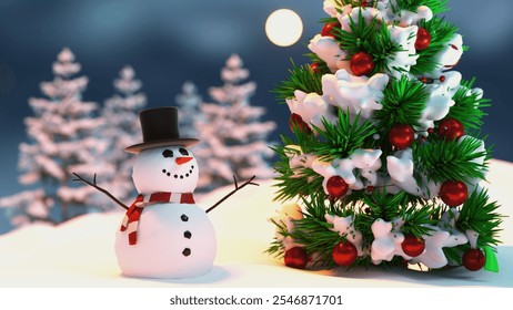 A cheerful snowman stands beside a decorated Christmas tree, set against a snowy landscape under a moonlit sky. - Powered by Shutterstock