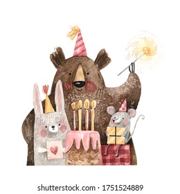 Cheerful teddy bear, mouse and bunny in festive caps with a cake and gifts wish happy birthday illustration isolated on white background. Watercolor illustration of cute birthday party characters - Powered by Shutterstock