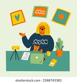 Cheerful vector woman working remotely with her cat. She sits at a desk with a laptop, notebook, coffee, and camera, creating content in a cozy home office.Perfect for freelance and remote work themes - Powered by Shutterstock - Get 15% off with code: PIKWIZARD15