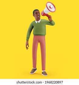 Cheerful Young African Man With A Megaphone. Mockup 3d Character Illustration