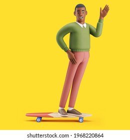 Cheerful Young African Man Riding On A Longboard With A Greetings Gesture. Mockup 3d Character Illustration